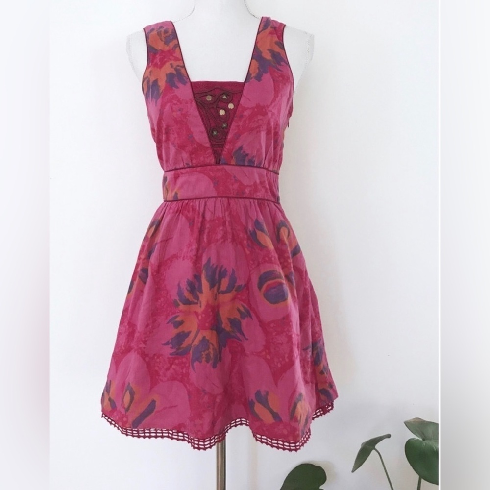 Free People Floral Fuchsia Beaded Fit Flare Dress
